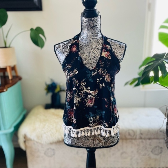 Floral Fringe Tassel Hem T-Strap Halter Top - Picture 2 of 5
